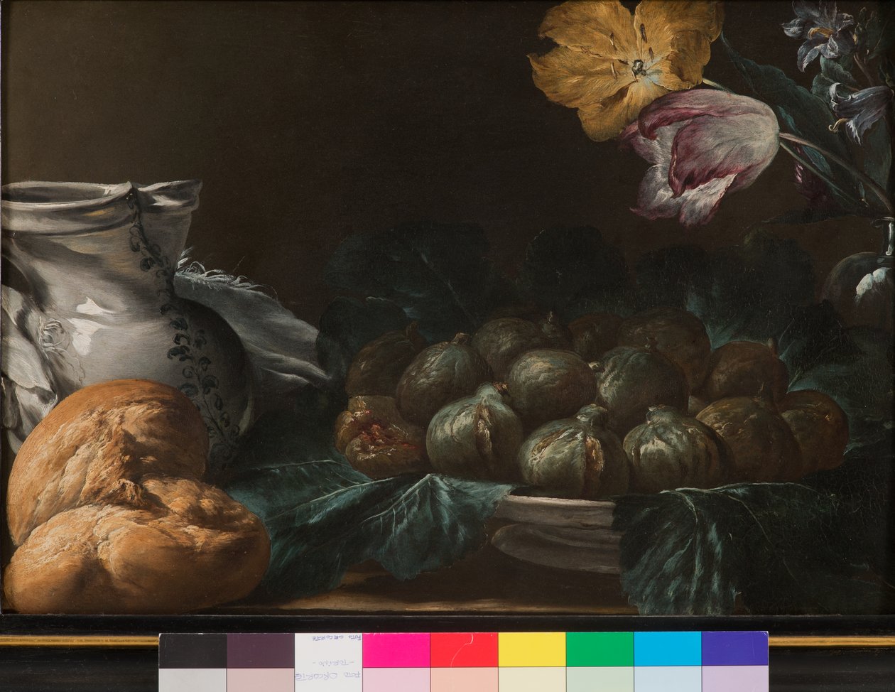 Martwa natura z talerzem fig, dzbanem, kwiatami i chlebem, 1740-50 autorstwa French School
