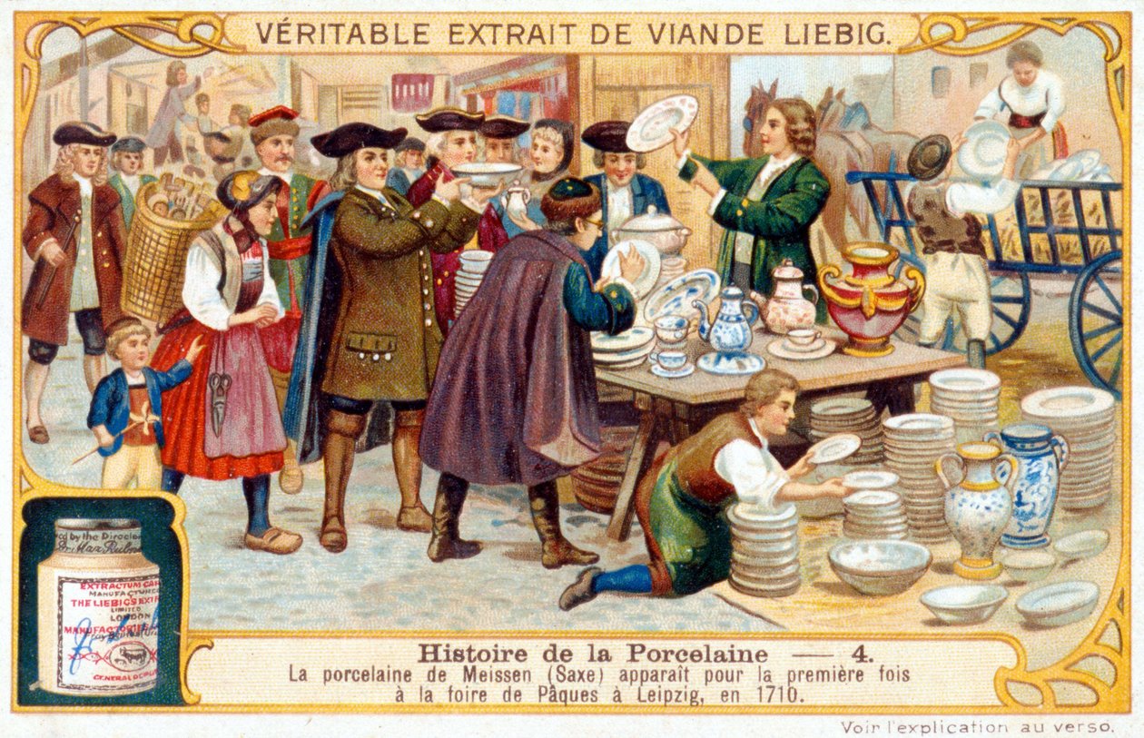 Historia porcelany nr 4: Porcelana miśnieńska (Saksonia) pojawiła się po raz pierwszy na targach wielkanocnych w Lipsku w 1710 roku. Chromolitografia Liebiga autorstwa French School