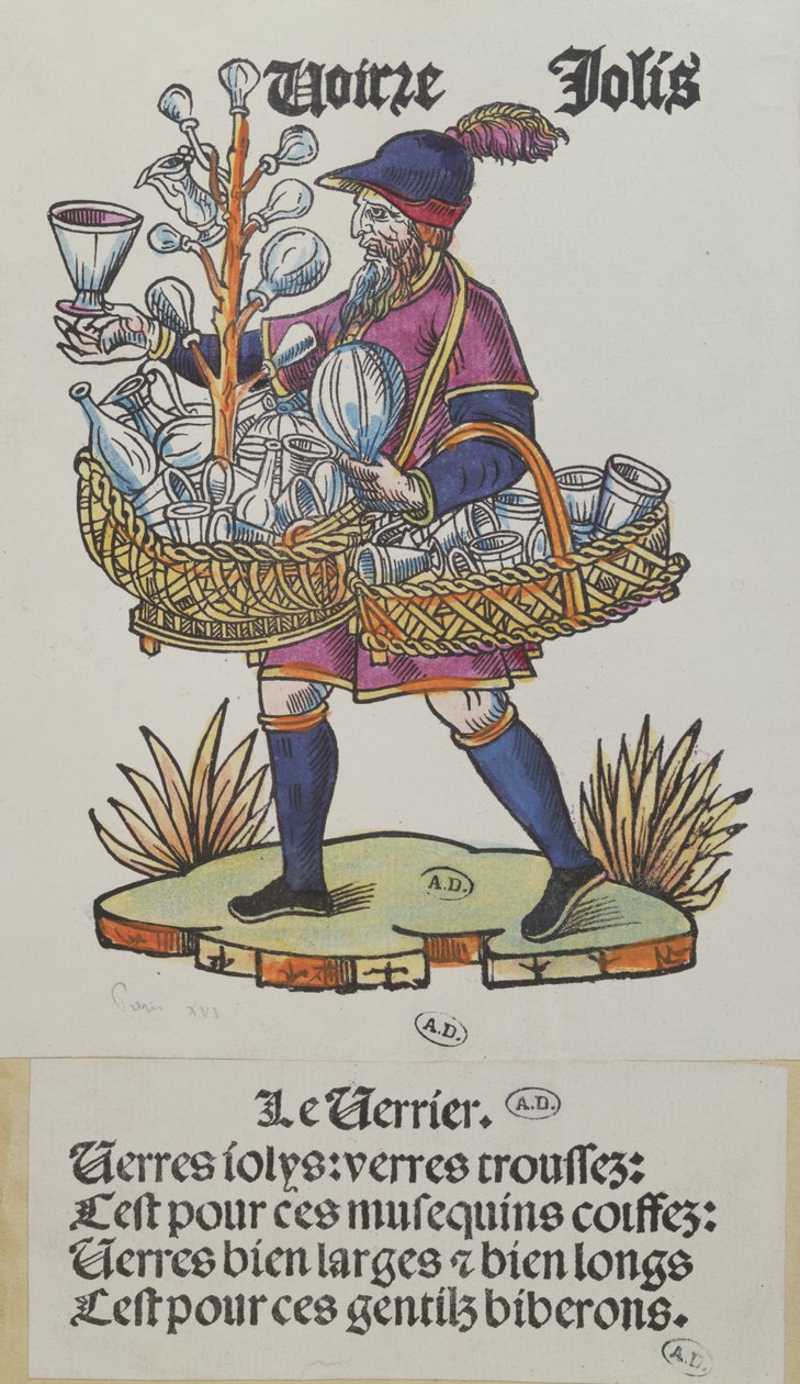 Handlarz uliczny sprzedający wyroby szklane, z Cris de Paris, ok. 1515 (kolorowe drzeworyty) autorstwa French School
