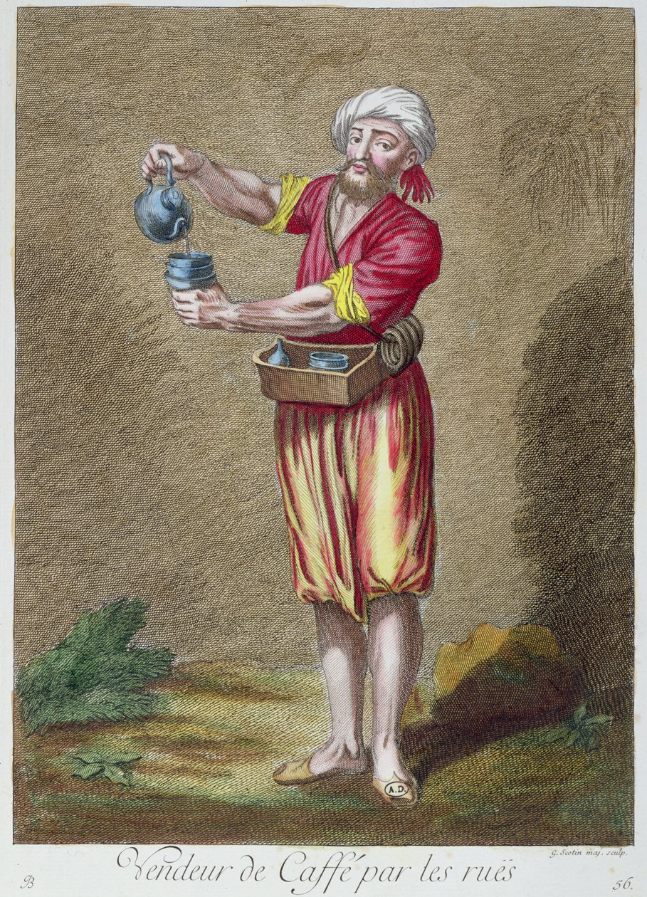 Kupiec uliczny sprzedający kawę, z Kolekcji Grafiki Strojów Lewantu, sztych. G. Scotin, 1707-08 autorstwa French School