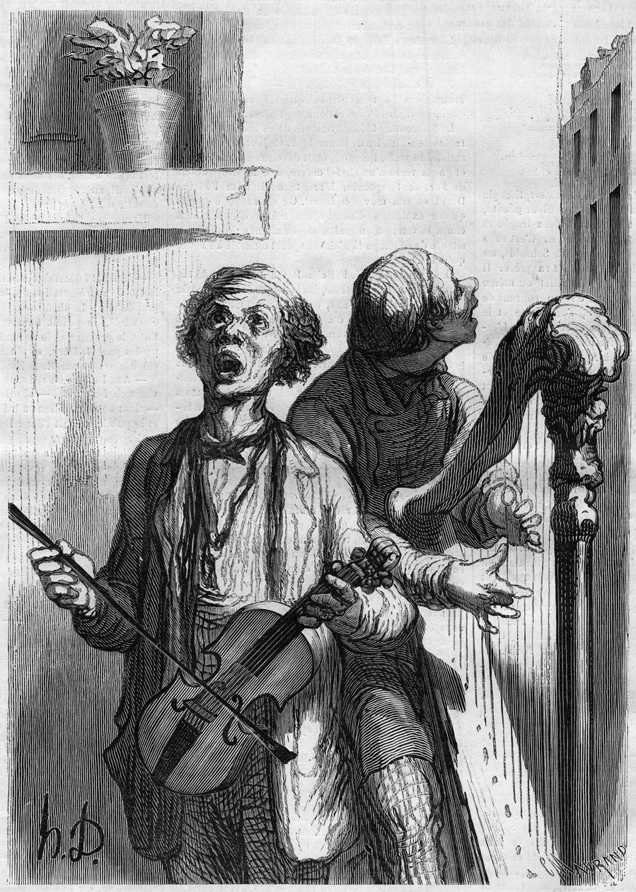Śpiewacy uliczni. Karykatura Honore Daumiera (1808-1879). Grawer w „Le Monde Illustré” nr 297 z 20 grudnia 1862 r. autorstwa French School