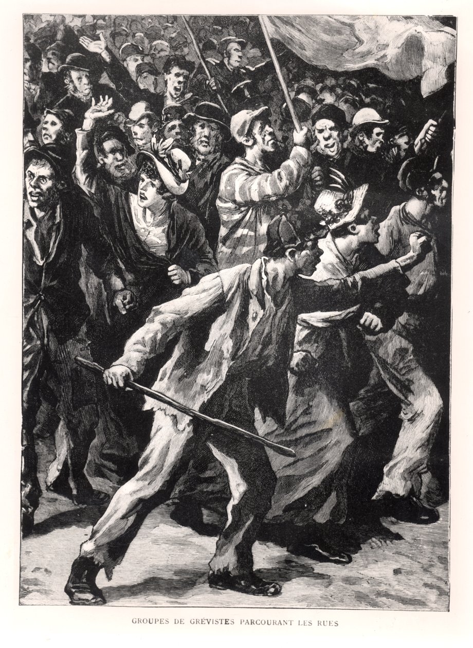 Strajkujący demonstrujący na ulicach Chicago podczas zamieszek Pullmana w 1894 r., ok. 1895 r. autorstwa French School