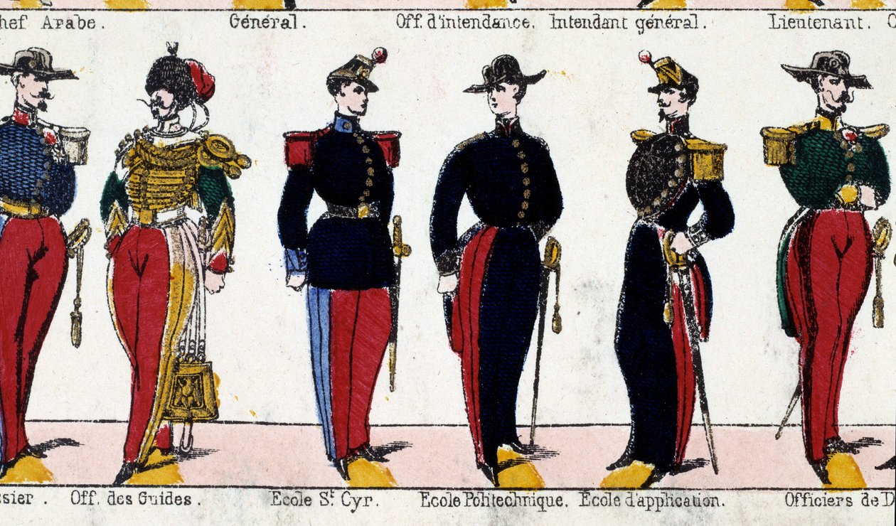 Garnitury dla uczniów oficera przewodników, szkoły Saint Cyr, Polytechnique oraz szkoły aplikacji. Rycina XIX wieku. Paryż, Muzeum Carnavalet autorstwa French School