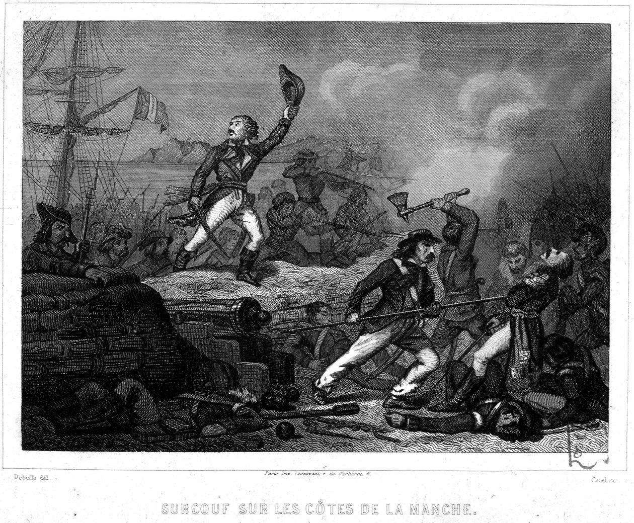 Surcouf na wybrzeżach kanału La Manche - w „Historii piratów i korsarzy oceanu i Morza Śródziemnego” P. Christion, Paryż, D. Cavaillés wyd. autorstwa French School