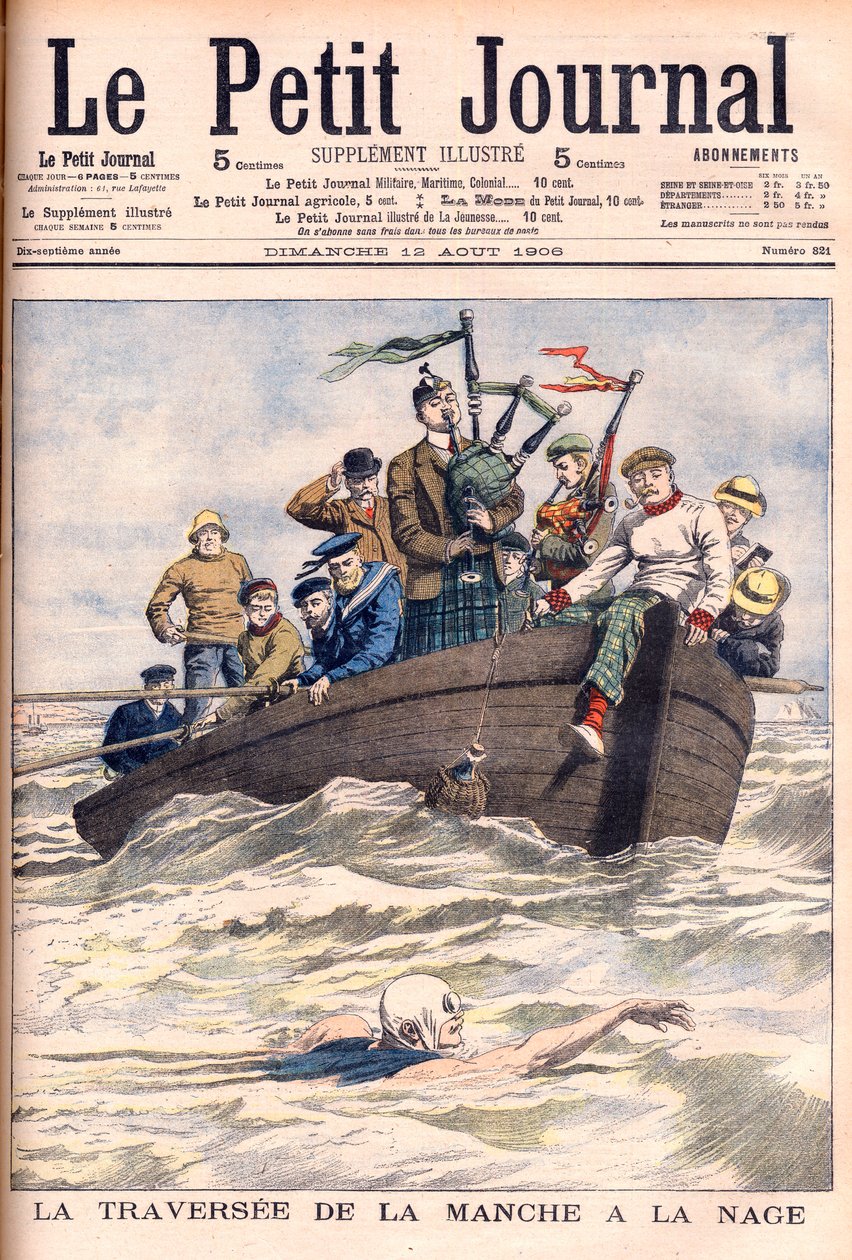 Pływanie po kanale La Manche. Anglik Jabez Wolffe po raz pierwszy z 22 nieudanych prób przepłynięcia kanału. La traversee de la manche a la swim autorstwa Jabez Wolffe (1877-1943) - ilustracja do Le petit Journal autorstwa French School
