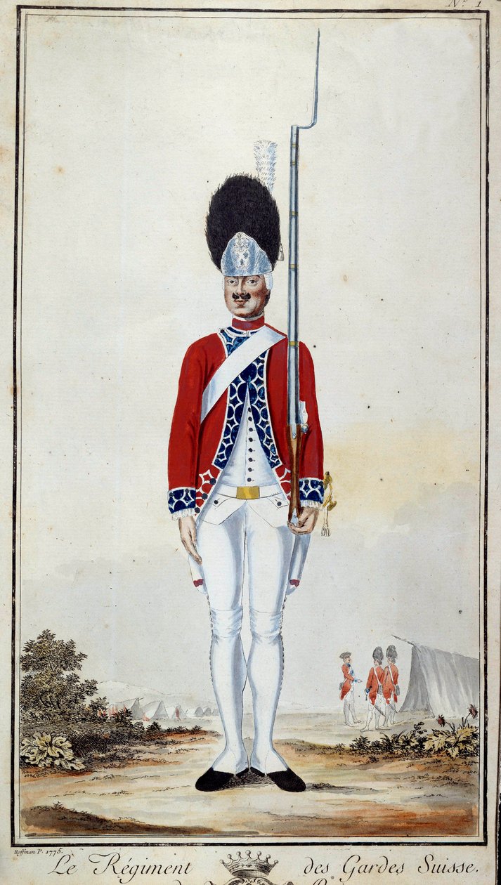 SwissGuard. Tablica 16 w „Kompendium umundurowania wojsk francuskich pod panowaniem Ludwika XVI” Litografia z 1779 r. Wymiary 0,23x0,16m. Paryż, Muzeum Wojska autorstwa French School