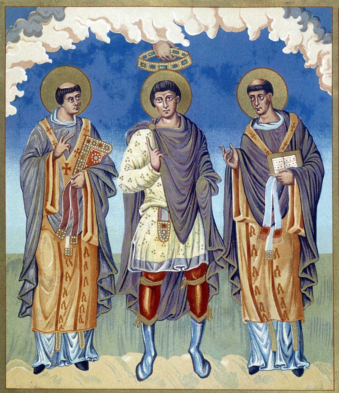 Symboliczna koronacja księcia franka w otoczeniu zakonników. Ilustracja zaczerpnięta z „Francji w IX wieku”. autorstwa French School
