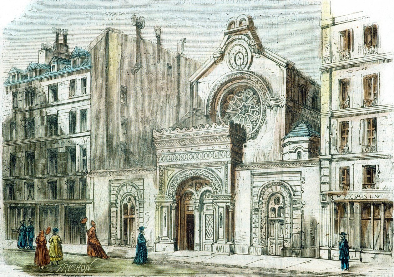 Synagoga na Rue de la Victoire, Paryż, ok.1880 (kolorowe grawerowanie) autorstwa French School