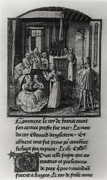 T.2 Fol.111 Śmierć króla Anglii Edwarda III na zamku Shene, z Kroniki Froissarta, koniec XV w. (welum) (zdjęcie czarno-białe) autorstwa French School