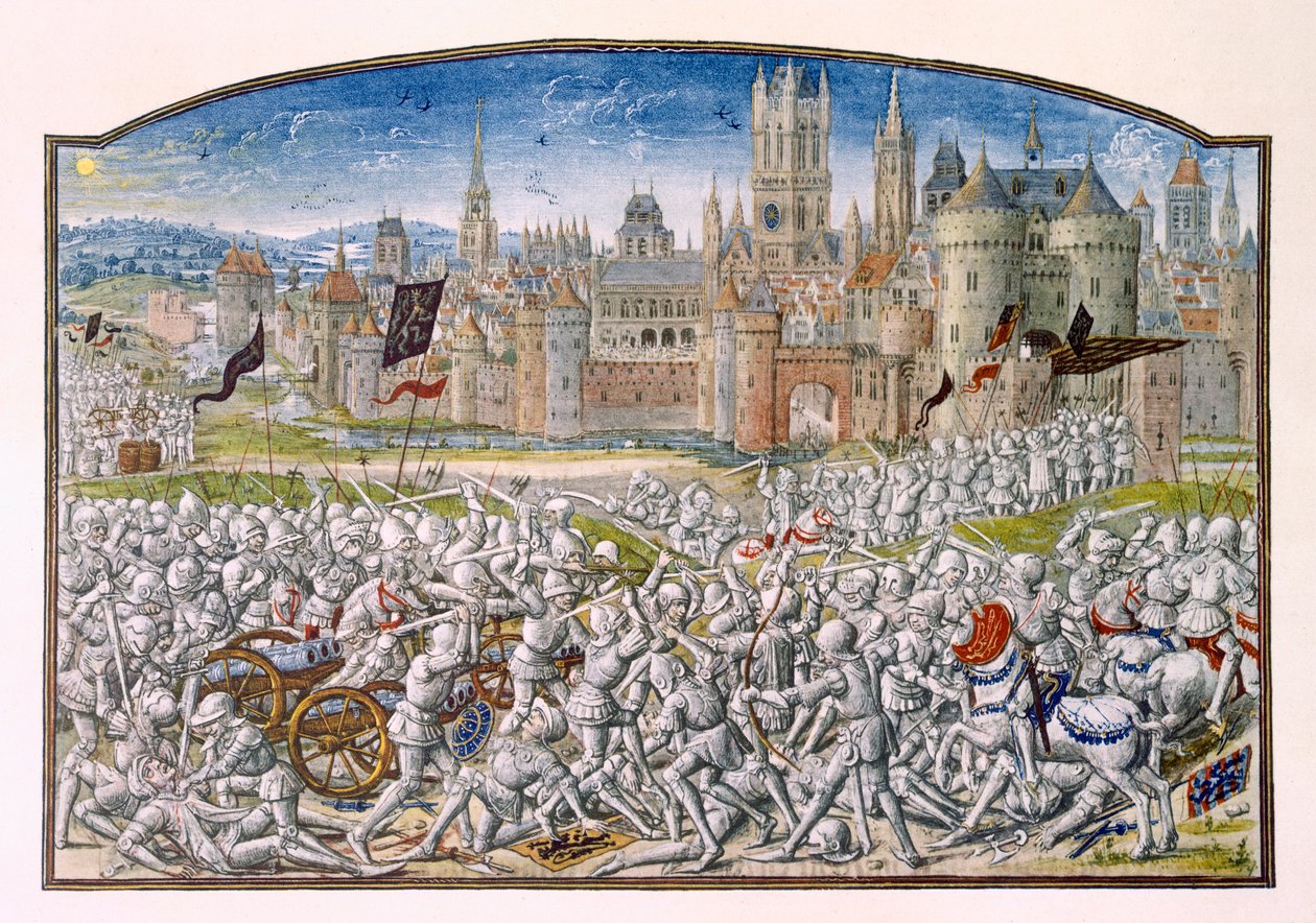 T.2 fol.287 Zwycięstwo mieszkańców Gandawy pod wodzą Philippa van Artevelde przed Brugią w 1381, z Kroniki Froissarts, 1472 autorstwa French School