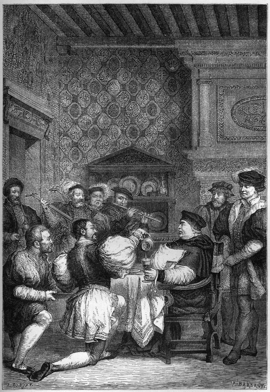 THOMAS CARDINAL WOLSEY (1475? -1530) SERWOWANY PRZY STOLE PRZEZ SZLACHETNIKÓW I SZLACHETNIKÓW - THOMAS WOLSEY (1475? -1530) był serwowany na kolanach przez swoich ludzi najwyższej rangi - grawerunek w „L