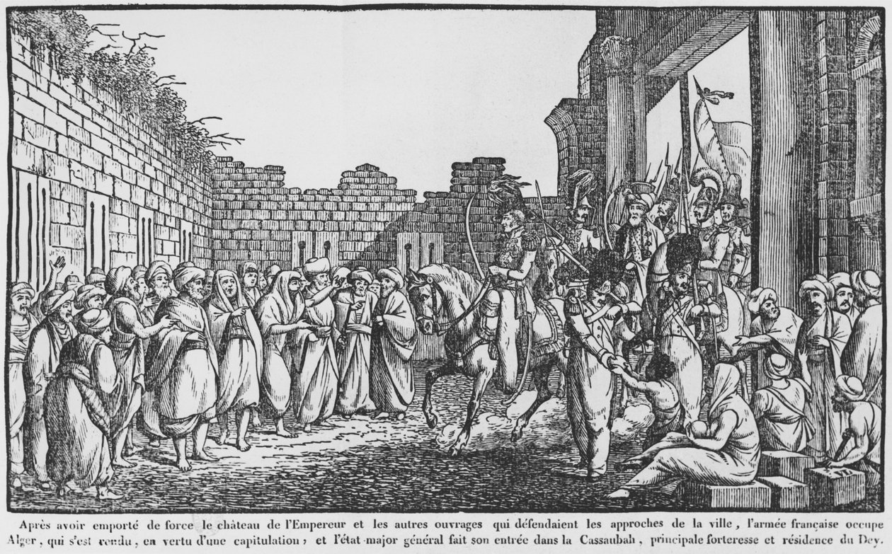 Zdobycie Algieru, armia francuska wkraczająca do kasby, ilustracja z popularnego almanachu, 1831 autorstwa French School