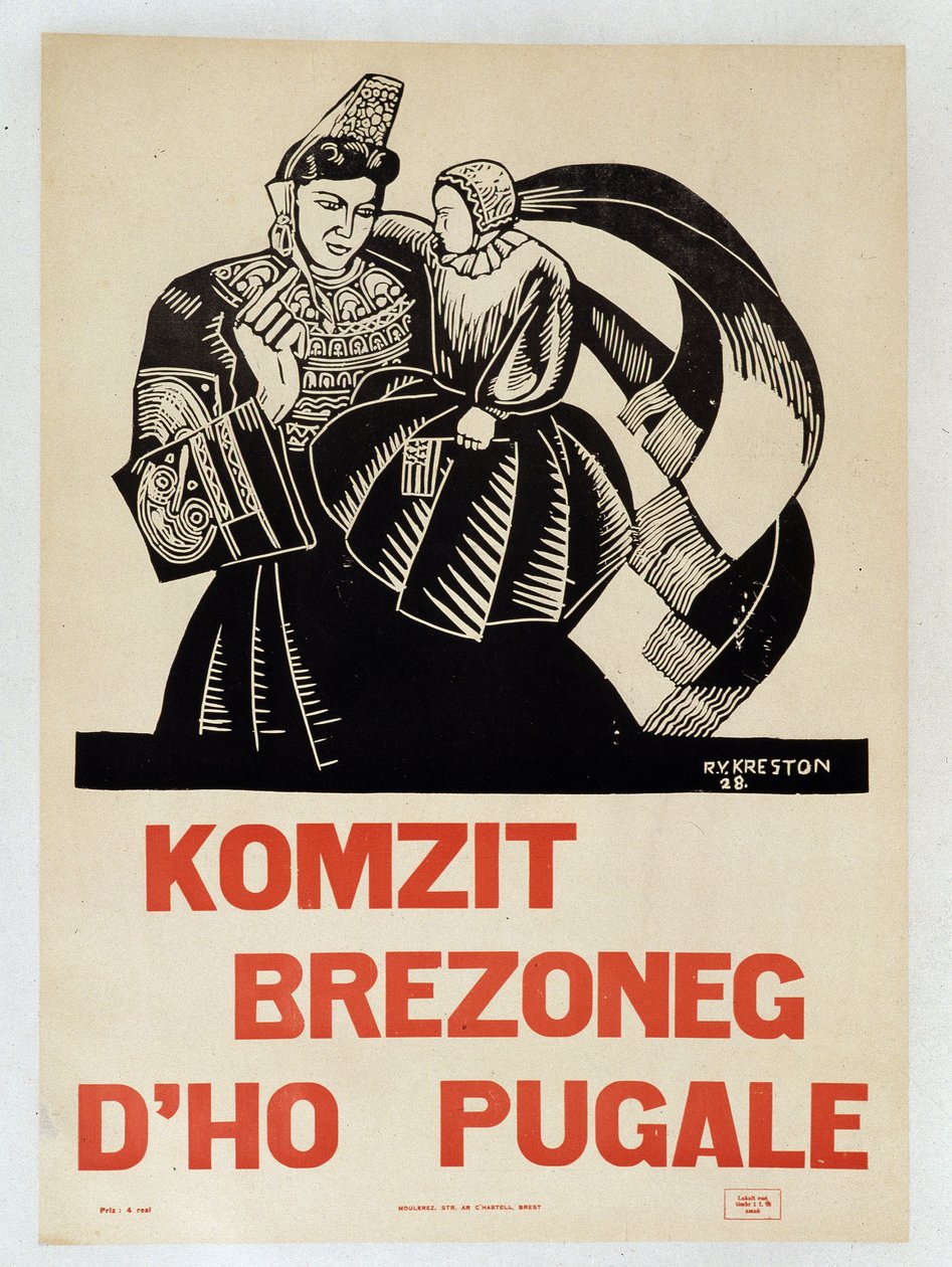 Porozmawiaj ze swoimi dziećmi po bretońsku - Plakat propagandy w języku bretońskim zachęcający Bretonów do zachowania ich regionalnego języka autorstwa French School