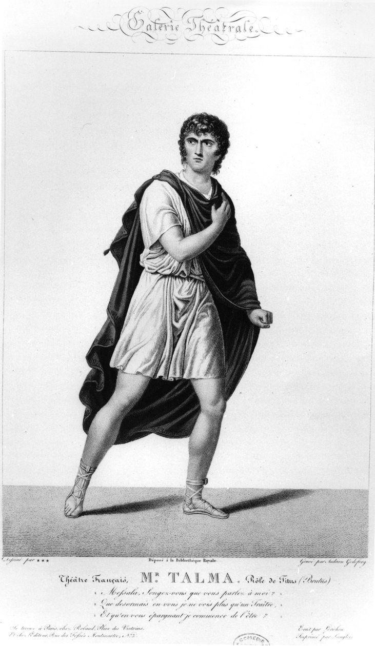 Talma w rzymskim stroju jako Tytus w przedstawieniu w Paryżu w 1793 r. Tragedia Woltera, Brutus, 1812 autorstwa French School