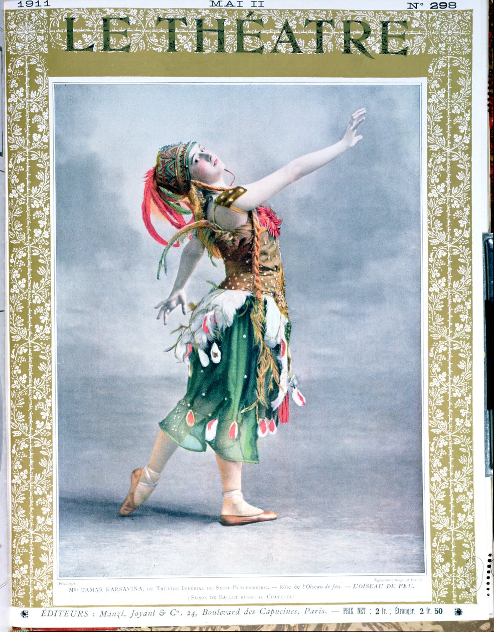 Tamara Platnovna Karsavina (1885-1978) jako Ognisty ptak Igora Strawińskiego (1882-1971) z okładki magazynu Le Theatre, maj 1911 autorstwa French School