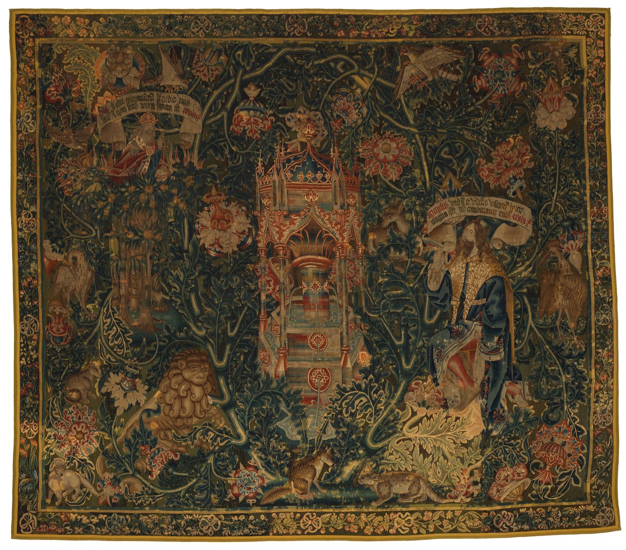 Gobelin, Bóg Ojciec ukazujący się Mojżeszowi (jeden z zestawu sześciu Sybilli obejmujących od 46.134 do 46.139) zwany „Rothamsted Tapestries”, wykonany we Flandrii, Tournei lub Brukseli w Belgii, ok. 1530 r. (wełna) autorstwa French School