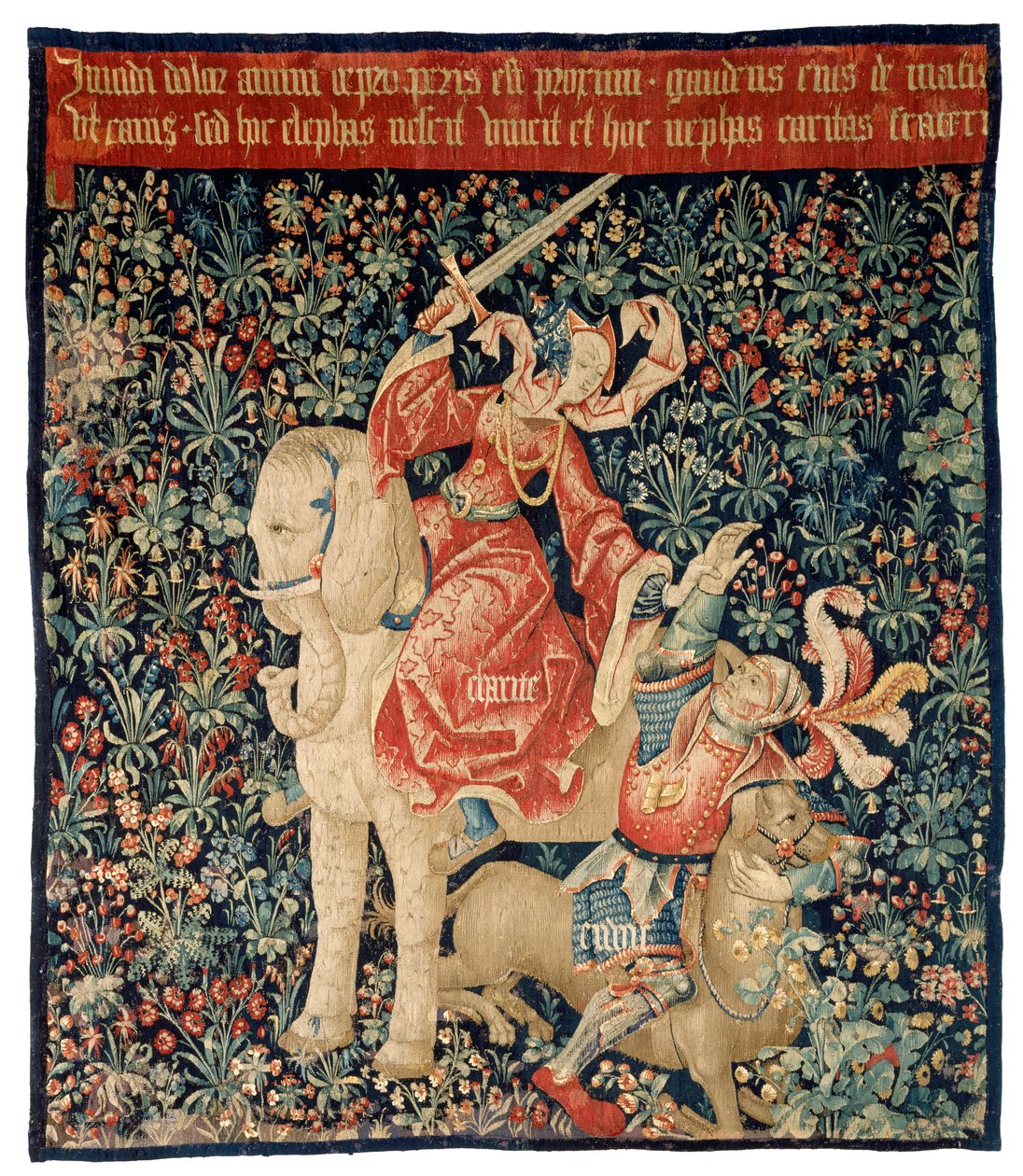 Gobelin przedstawiający Mille-fleurs i Miłosierdzie pokonujące Zazdrość (wełna i jedwab) autorstwa French School