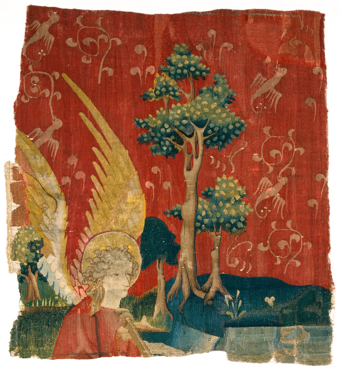Fragment gobelinu przedstawiający anioła w pejzażu, z Apokalipsy Gniewu, 3 ćw. XIV w. (wełna) autorstwa French School