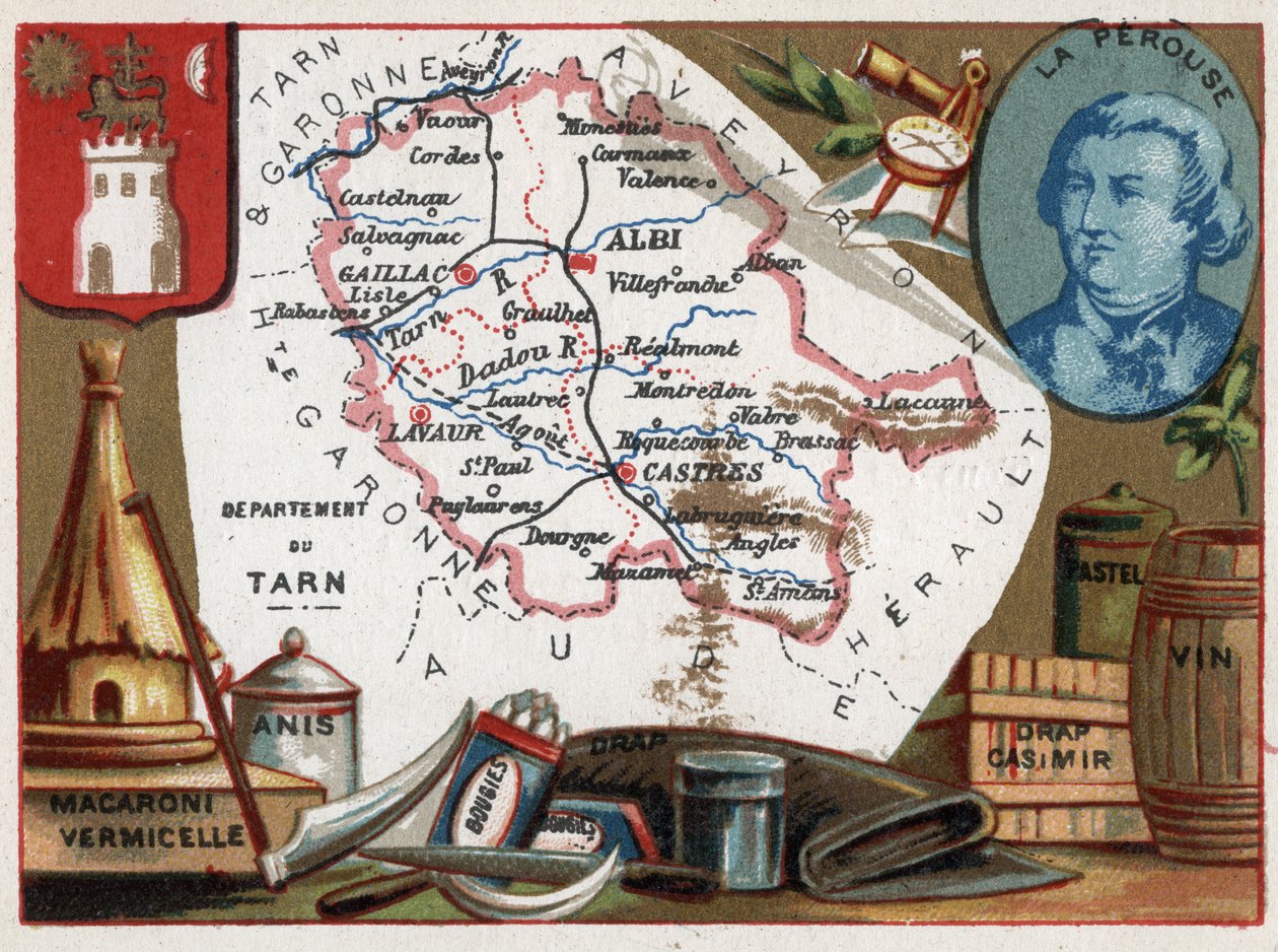 Tarn (81), Midi Pyrenees (Midi-Pyrenees), Francja. Makaron i makaron, anyż, świece, pościel, pastel i wino. Portret Jeana Francois de Galaup, hrabiego La Perouse (1741-?), oficera marynarki. Seria o francuskich departamentach. Chromolitografia (C autorstwa French School