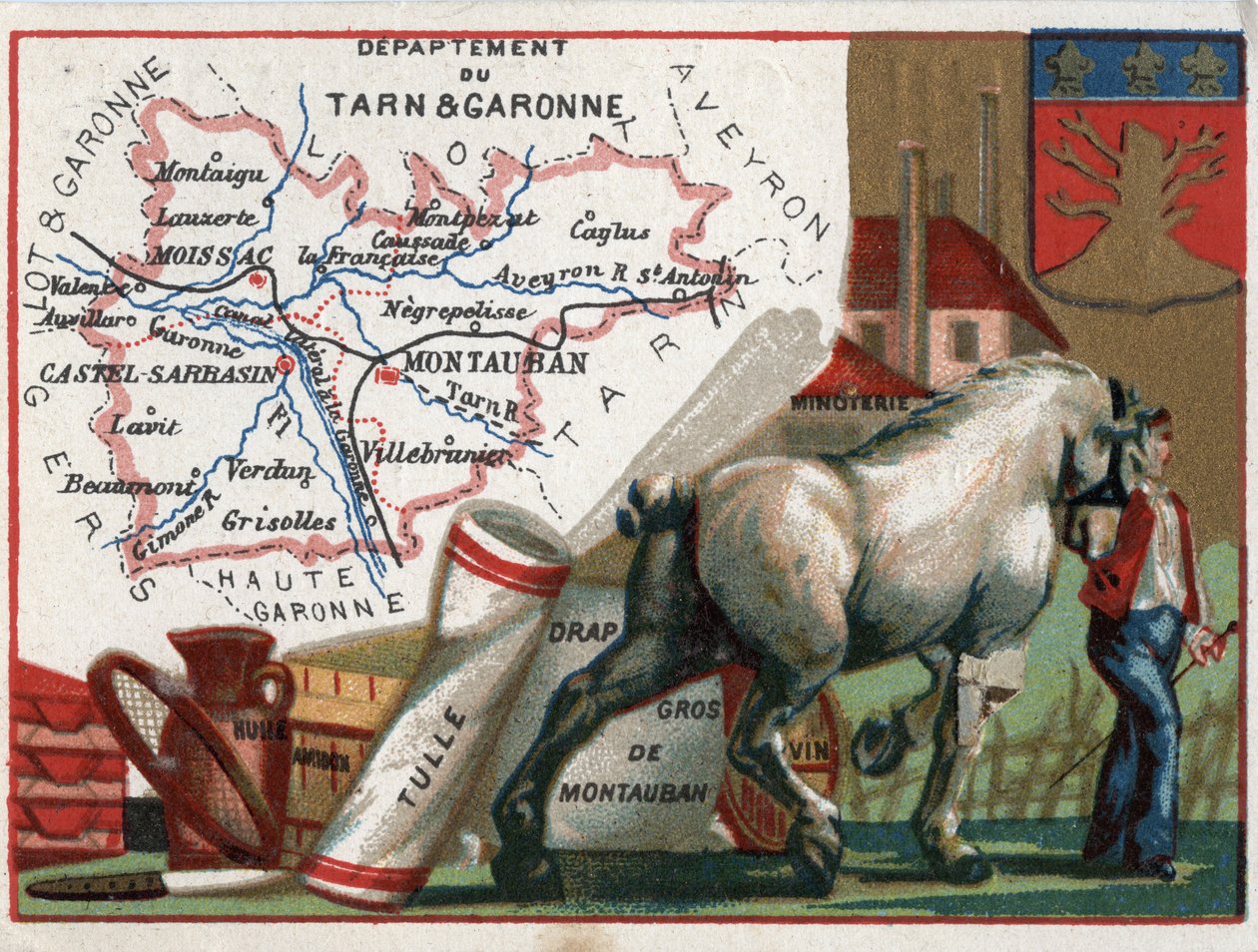 Tarn et Garonne (Tarn-et-Garonne, 82), Midi-Pyrenees (Midi Pyrenees), Francja. Lokalna specjalność: olej, skrobia, tiul, hurtowa blacha Montauban, młyn do wina i mąki. Seria o francuskich departamentach. Chromolitografia (Chromo) „” wątek geograficzny””, c autorstwa French School