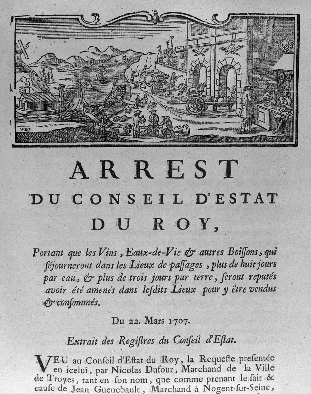 Urząd Skarbowy przy Wjeździe Miasta dla Wina i Alkoholi, dekret Rady Stanu z 22 marca 1707, z Rejestrów Rady Stanu Paryża, 1739 (patrz 163952 dla autorstwa French School