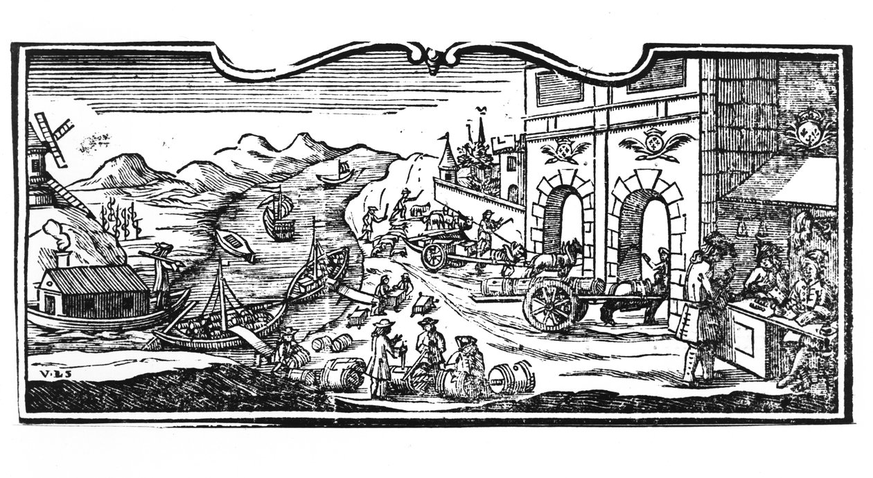 Urząd Skarbowy przy Wjeździe Miasta dla Wina i Spirytusu, dekret Rady Stanu z dnia 22 marca 1707 r., z Rejestrów Rady Stanu Paryża, 1739 (szczeg.) (zob. autorstwa French School