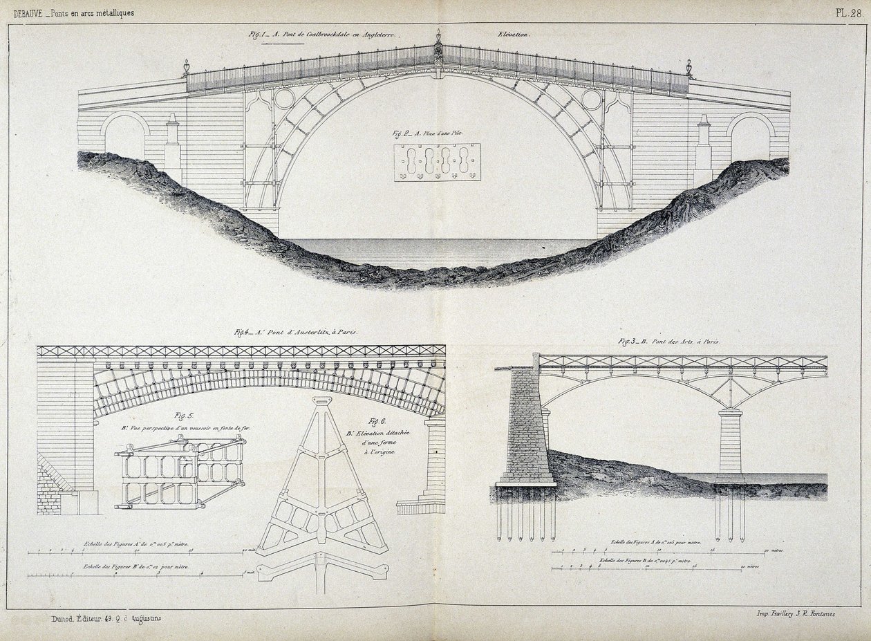Rysunki techniczne mostów Ironbridge w Coalbrookdale (1779, Anglia), Austerlitz i Arts w Paryżu, zaczerpnięte z „Manuel de l