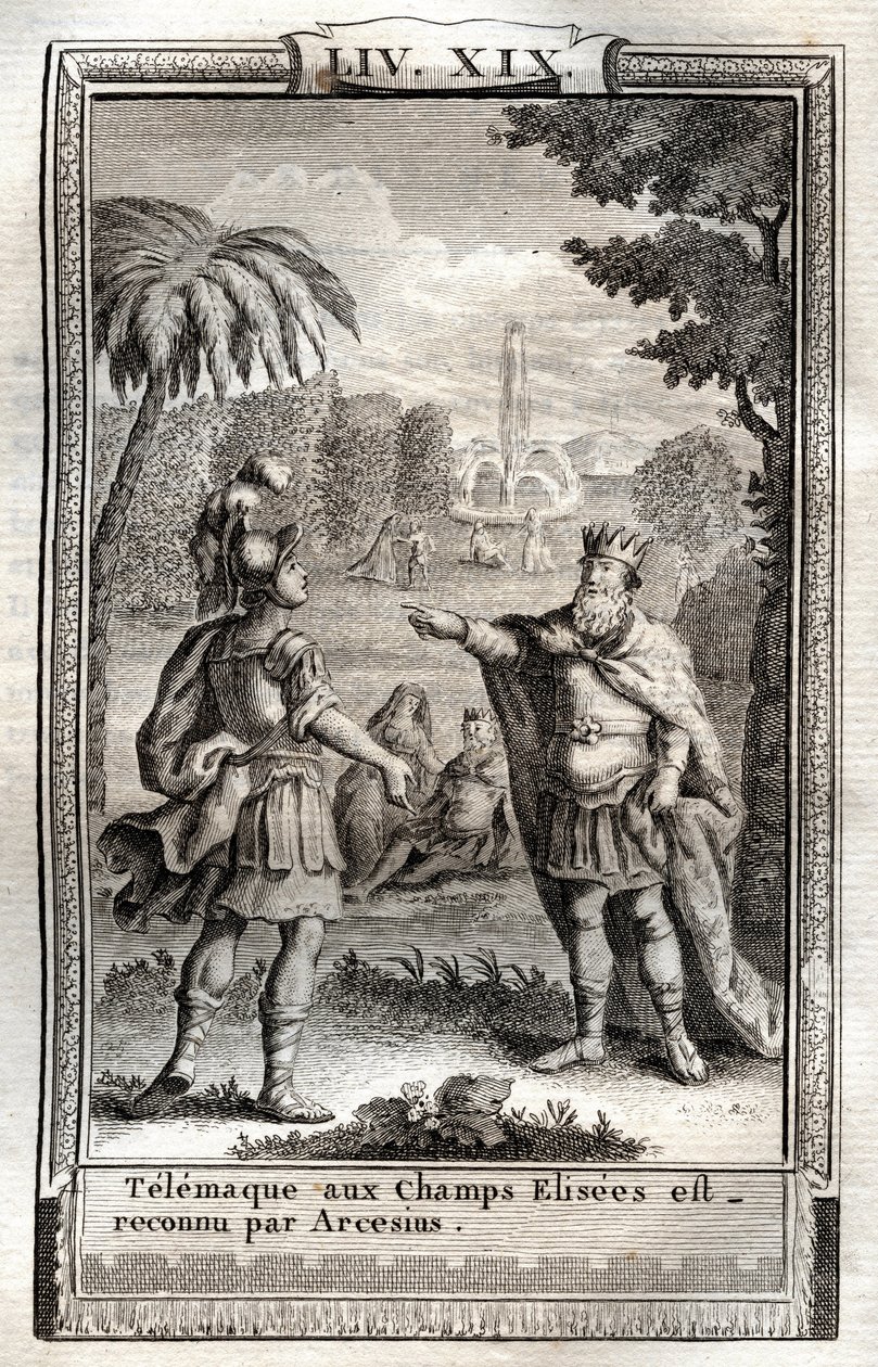 Telemaka będąca na Polach Elizejskich została rozpoznana przez Arcesiusa - rycina z 1798 r. według Monneta w „Les Aventures de Telemaque, fils d