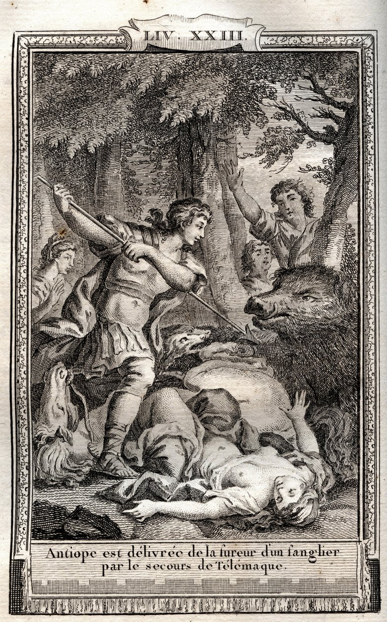 Telemaque dostarcza Antiope z dzika - grawer Monneta z 1798 r. w „Les Aventures de Telemaque, fils d
