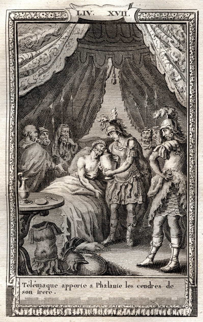 Telemaque opiekuje się ranami Phalante i przynosi mu prochy brata - rycina z 1798 r. według Monneta w „Les Aventures de Telemaque, fils d