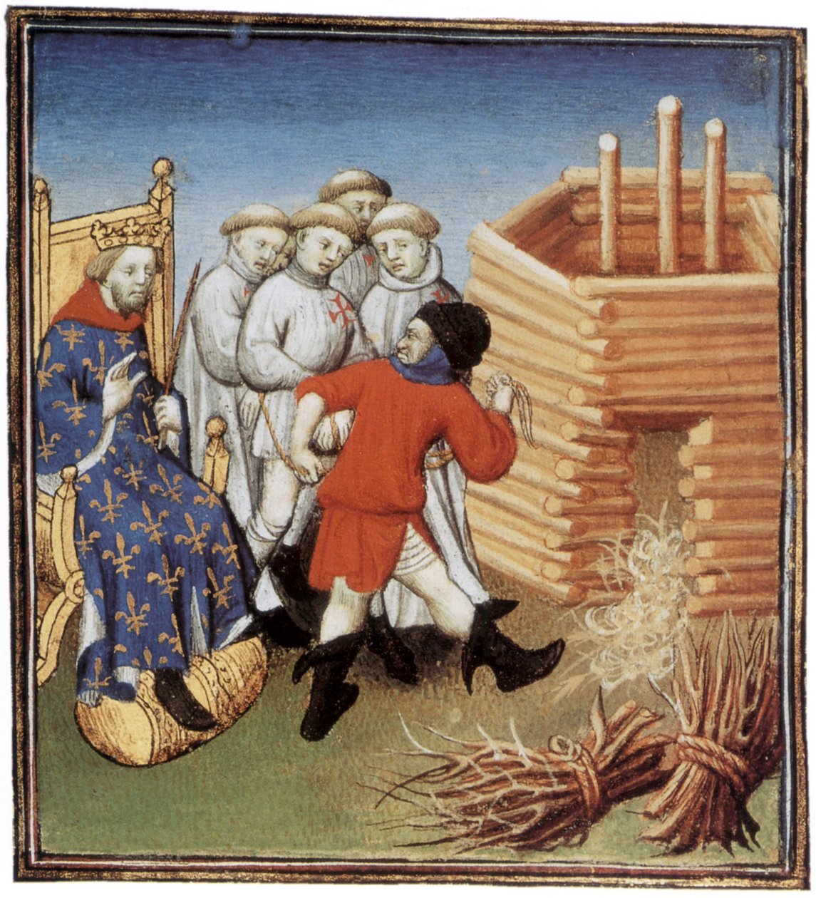 Templariusze mają zostać straceni pod okiem francuskiego króla Filipa IV le Bel w 1310 roku, iluminacja autorstwa French School