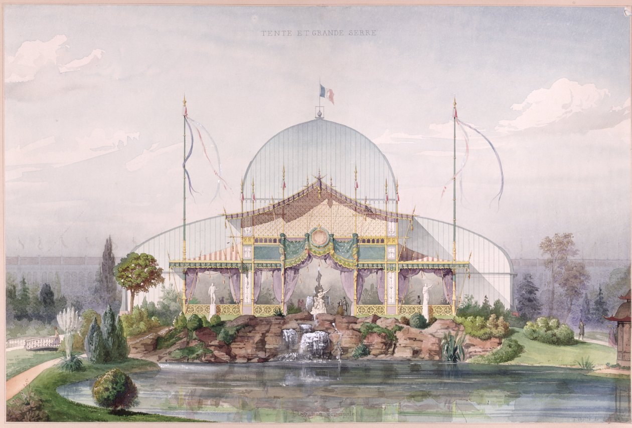 Namiot i Wielka Szklarnia w Ogrodzie Wystawy Powszechnej w Paryżu 1867 (akwarela na papierze) autorstwa French School
