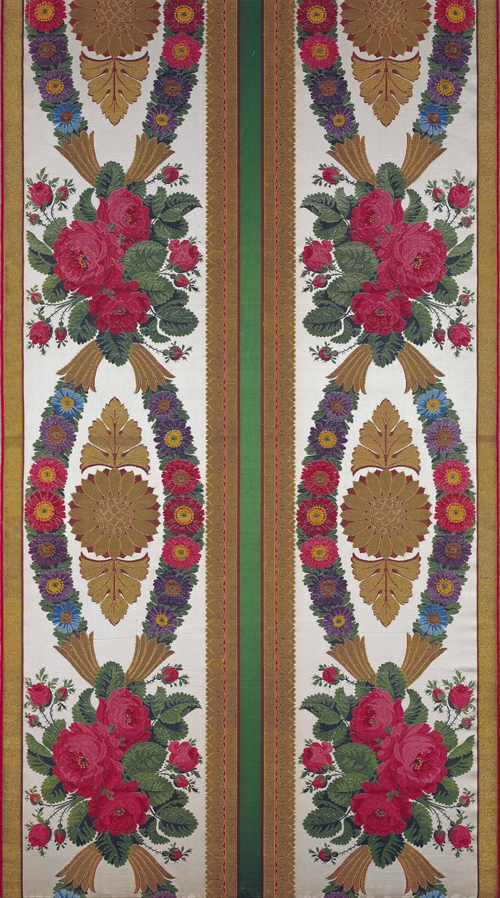 Tkanina z girlandami stokrotek i bukietami róż autorstwa Cousin and Bony, Bissardon, Lyon, 1811 (haftowana satyna) autorstwa French School