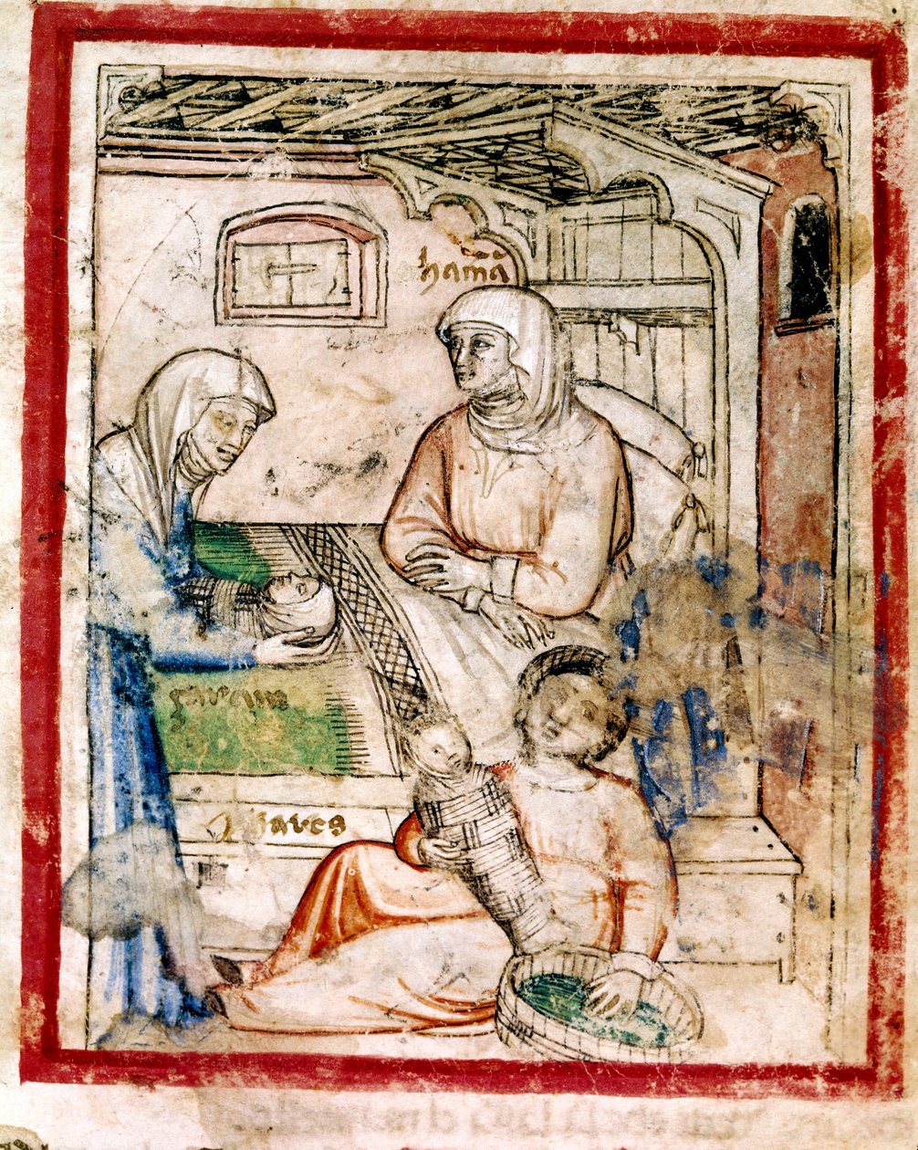 Tamar (Tamar) rodzi dwa bliźniaki, Peretsa i Zeracha, syna Judy, Miniatura z kodeksu 212 (lub kodeksu padovano lub Biblii z Padwy) 1390-1400 autorstwa French School