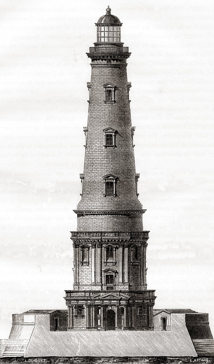 XVII-wieczna latarnia morska w Cordouan, w pobliżu ujścia ujścia Gironde we Francji, widziana tutaj po rozbudowie w XVIII wieku, z Les Merveilles de la Science, wydana ok. 1870 (rycina) autorstwa French School
