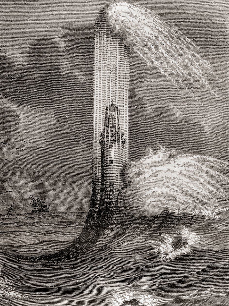 Latarnia Eddystone z XVIII wieku, zbudowana przez Johna Rudyarda, Eddystone Rocks, niedaleko Rame Head w Anglii, z „Les Merveilles de la Science”, opublikowana ok. 1870 r. (rycina) autorstwa French School