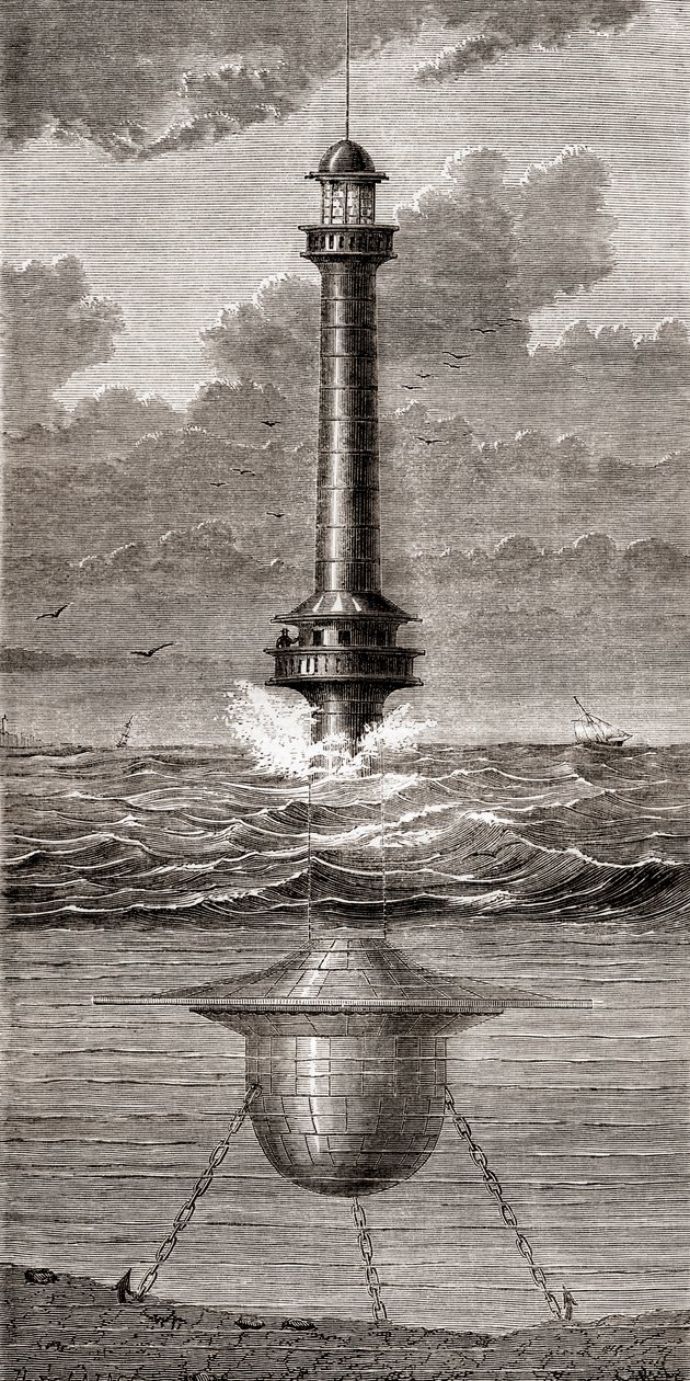 Pływająca latarnia morska z XIX wieku umieszczona przy wejściu do portu w Liverpoolu w Anglii, z „Les Merveilles de la Science”, opublikowana ok. 1870 r. (rycina) autorstwa French School