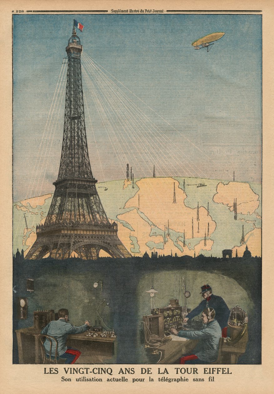 25-lecie Wieży Eiffla używanej obecnie do telegrafii bezprzewodowej, ilustracja na tylnej okładce z "Le Petit Journal", supplement illustre, 19 kwietnia 1914 r. autorstwa French School