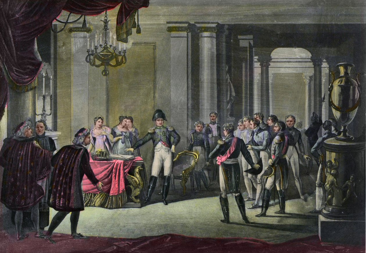 Abdykacja Napoleona w Fontainebleau w kwietniu 1814 - Abdykacja Napoleona w Fontainebleau 1814 autorstwa French School