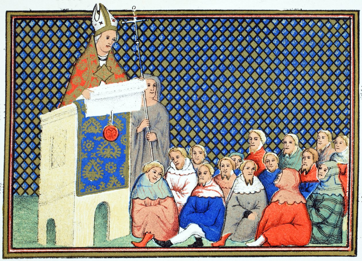 Arcybiskup Canterbury przemawia do angielskiej szlachty przeciwko Ryszardowi II, faksymile z Le Prinse et Mort du Roy Richart autorstwa Jeana Cretona, przedruk XIX w. autorstwa French School