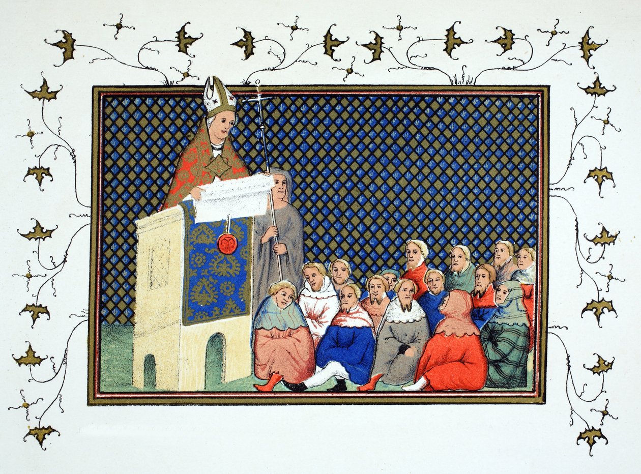 Arcybiskup Canterbury przemawia do angielskiej szlachty przeciwko Ryszardowi II, faksymile z Le Prinse et Mort du Roy Richart autorstwa Jeana Cretona, przedruk XIX w. autorstwa French School