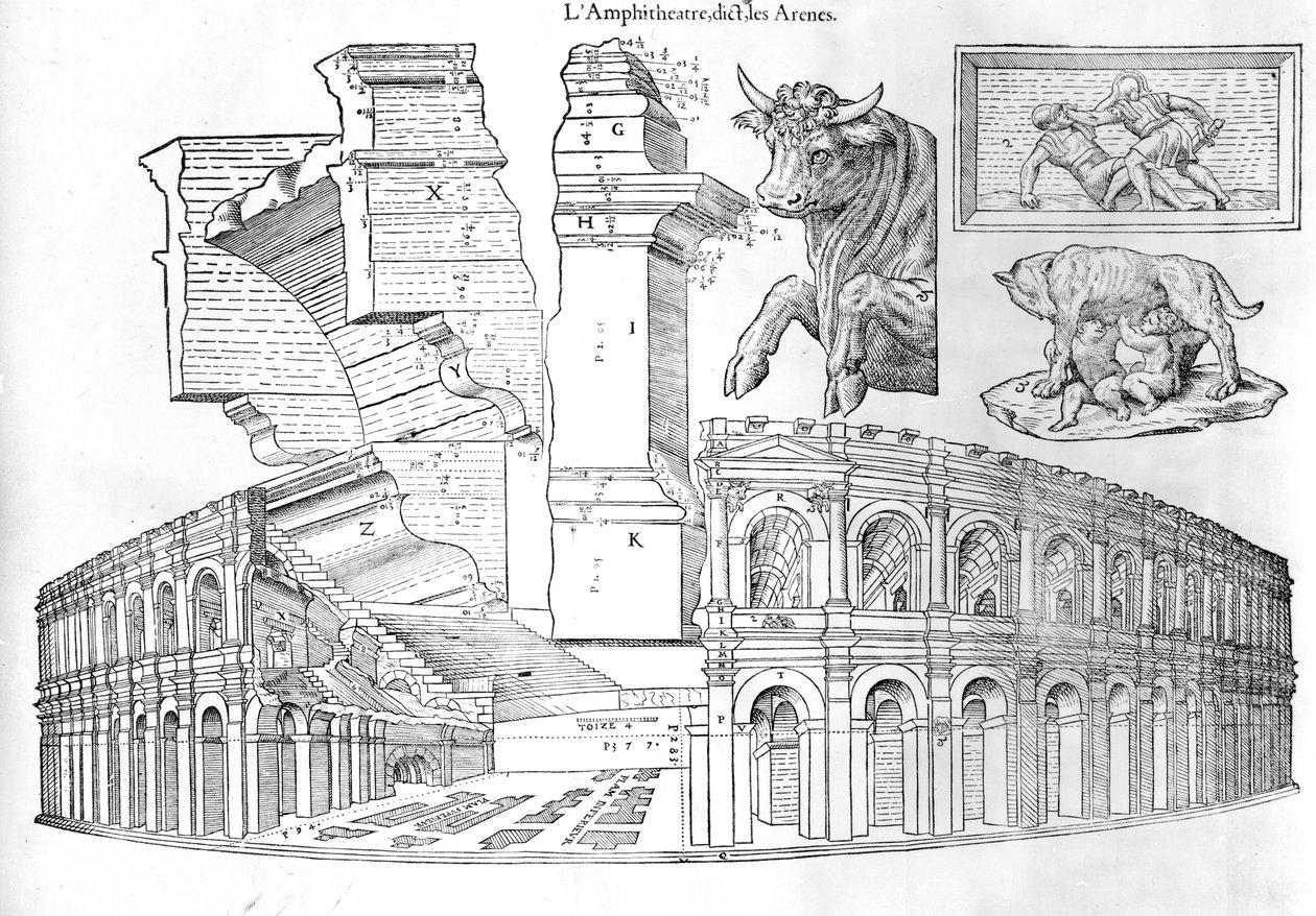 Arena Nimes, ilustracja z Discours historyl de lantique et illustre cite de Nismes autorstwa Jeana Poldo dAlbenas, opublikowana w 1560 r. autorstwa French School