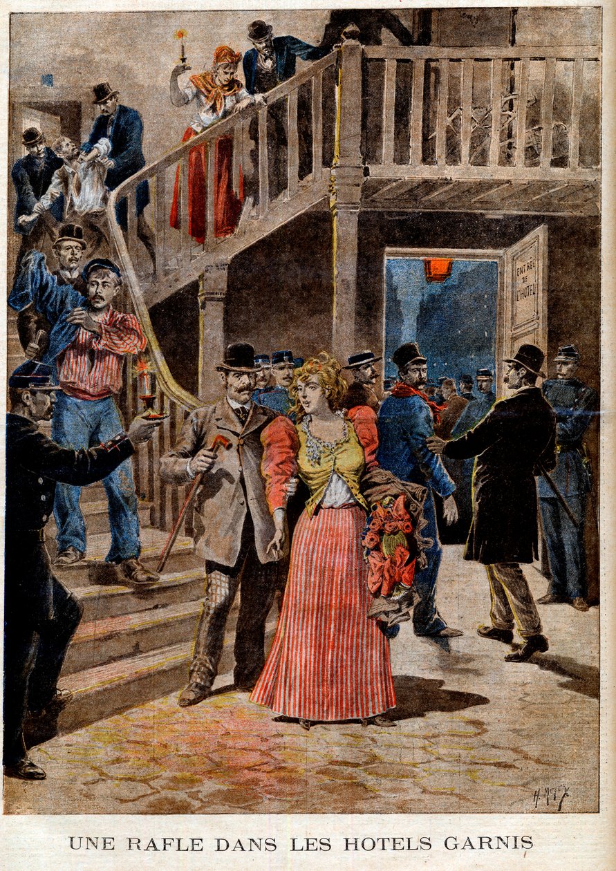 Aresztowanie prostytutek w paryskich hotelach (pensjonat) - Obława na hotele wypełnione - w „Le Petit Journal” z 08.04.1895 (rycina) autorstwa French School