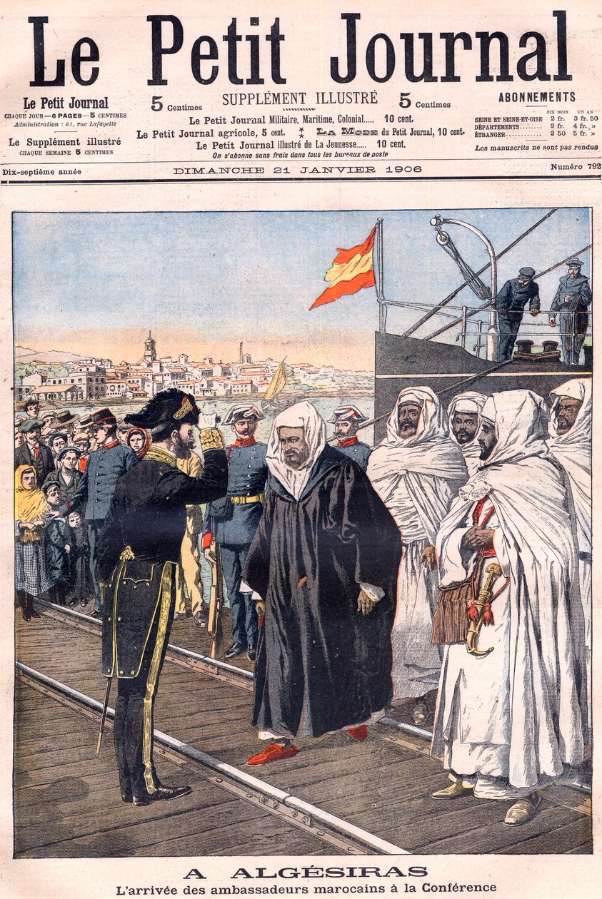 Przybycie ambasadorów marokańskich, w tym Sidi-Mohammeda Torresa na konferencję w Algeciras, z „Le Petit Journal”, styczeń 1906 – Międzynarodowa konferencja mocarstw europejskich i Stanów Zjednoczonych zorganizowana w celu omówienia stosunków Francji z Mar autorstwa French School