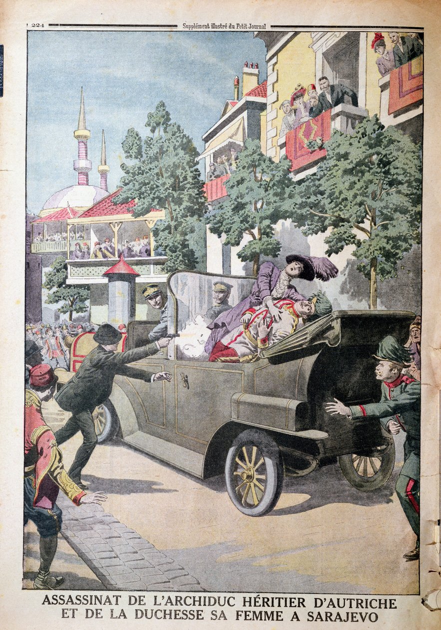 Zabójstwo arcyksięcia Franciszka Ferdynanda Austrii (1863-1914) i jego żony, księżnej Zofii, dokonane przez Gavrilo Principa (1895-1918) w Sarajewie, 28 czerwca 1914, z Le Petit Journal, 12 lipca 1914 (co autorstwa French School