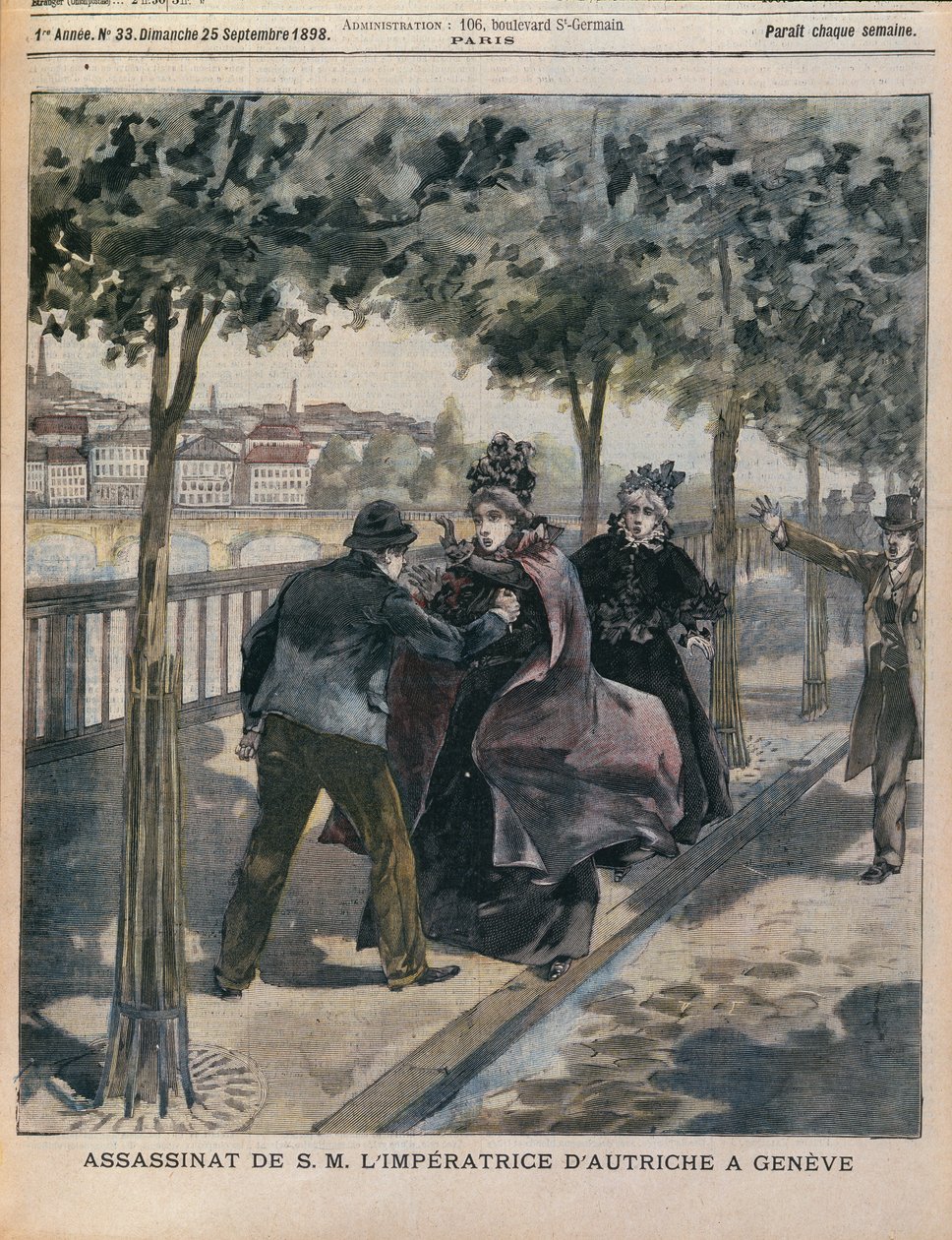 Zabójstwo Elżbiety (1837-98) Cesarzowa Austrii w Genewie, przednia okładka LAnnee Illustree, 25 września 1898 (kolorowe grawerowanie) autorstwa French School