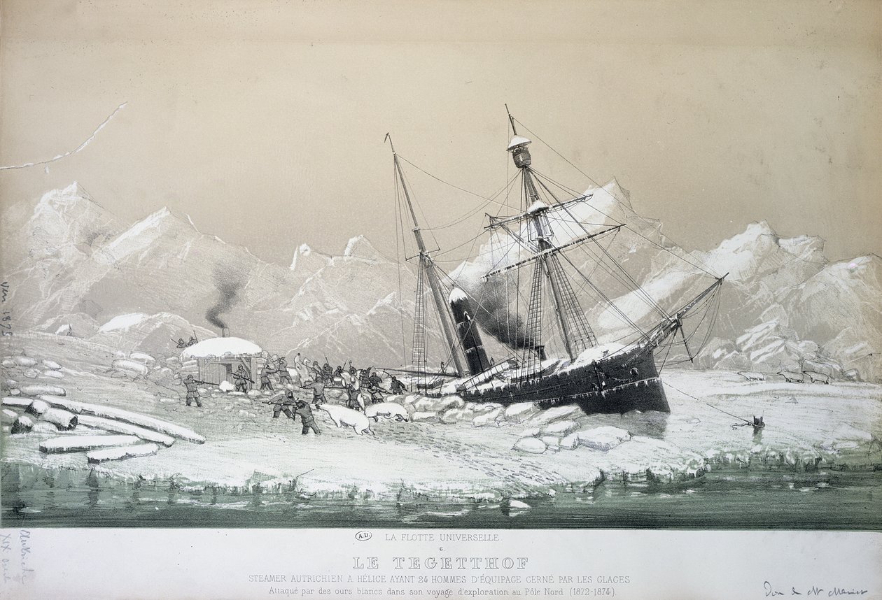 Austriacki parowiec śrubowy Tegetthoff utknął w lodzie i został zaatakowany przez niedźwiedzie polarne podczas rejsu poszukiwawczego na biegun północny 1872-4 autorstwa French School