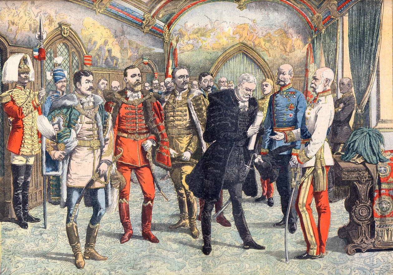 Kryzys austro-węgierski. Cesarz Franciszek Józef I przyjmował węgierskich baronów z prośbą o powszechne prawo wyborcze na Węgrzech. Ilustracja do Le Petite Journal autorstwa French School