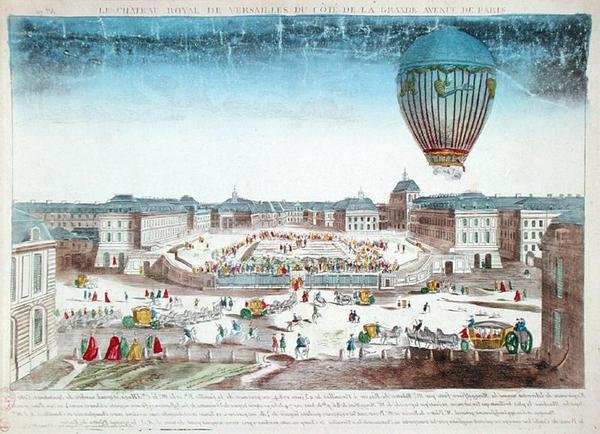 Rejs balonem Francois Pilatre de Rozier (1754-96) nad Wersalem, 23 czerwca autorstwa French School