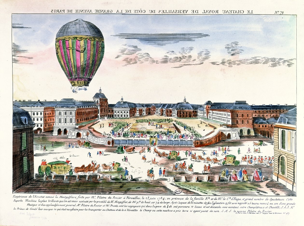 Podróż balonem Francois Pilatre de Rozier (1754-96) nad Wersalem, 23 czerwca 1784 autorstwa French School